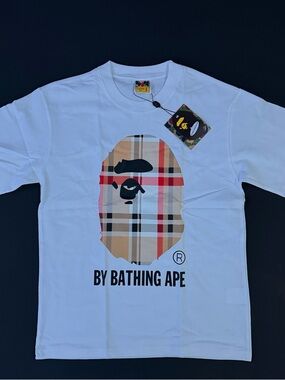 Bape White Plaid Ape Head Short Sleeve Tee